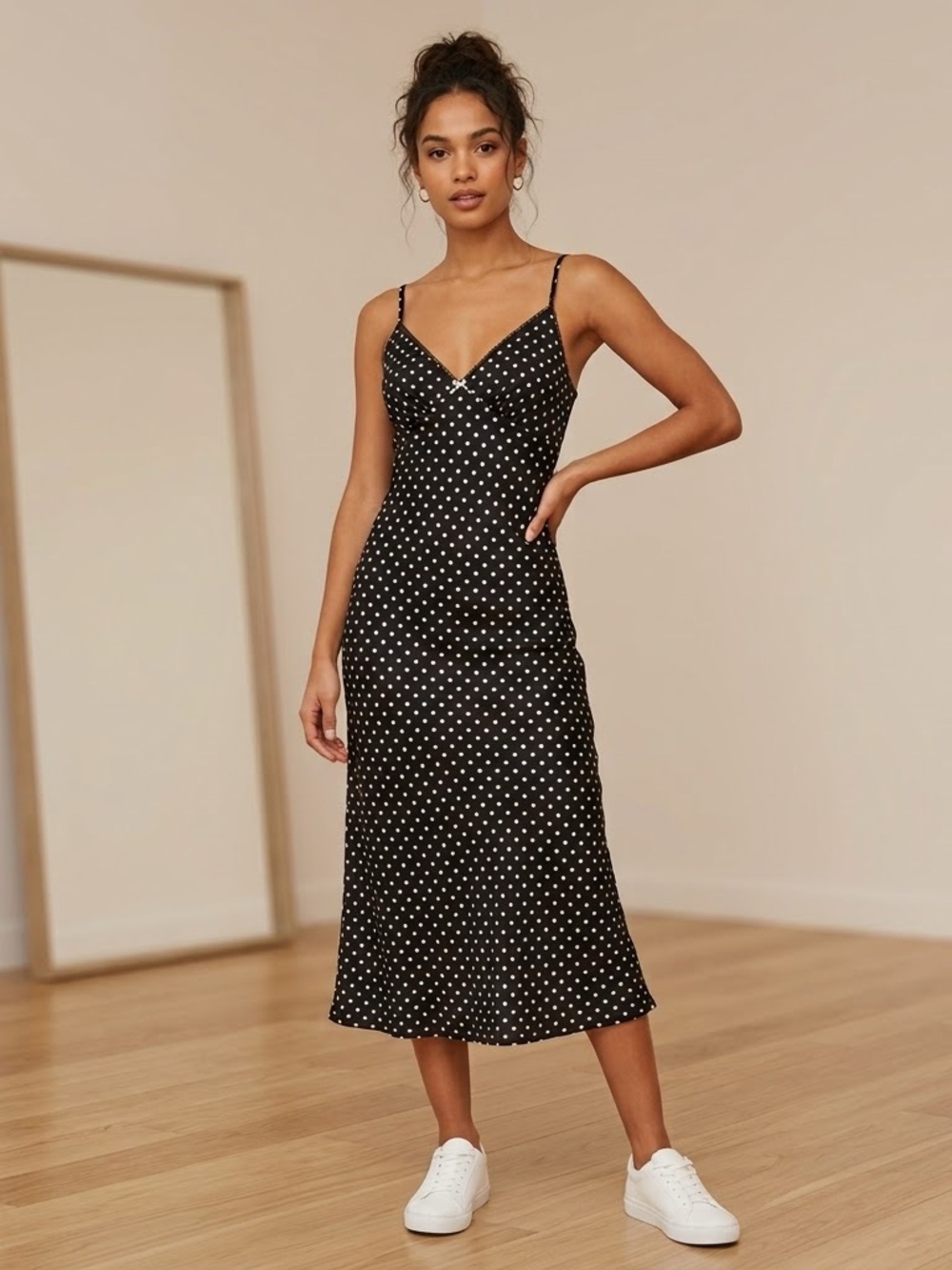 NEW Camila Coelho Black Polka Dot Slip Midi Dress M